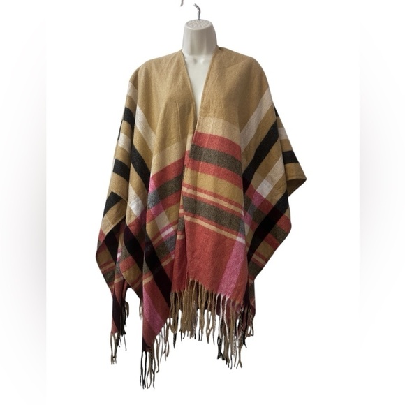 Woolrich Women’s One Size Plaid Fringe Wrap Poncho in Tan, Red, and Black - Picture 1 of 6